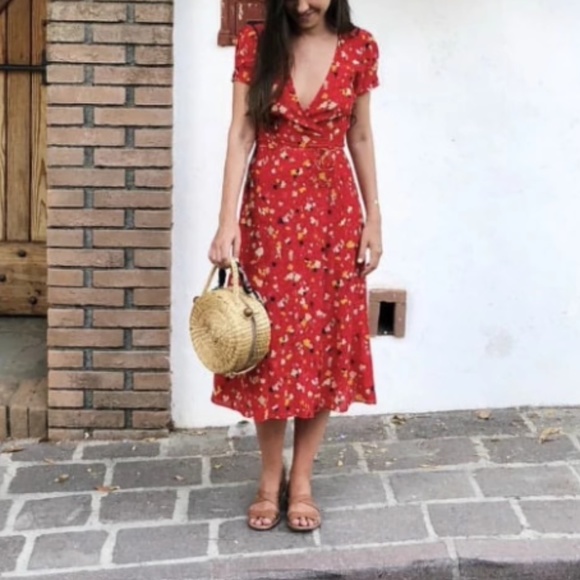 Boho Red Floral print Wrap Midi Dress gypsy - Picture 4 of 6